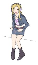 absurdres belt blonde_hair blush boots closed_eyes digimon digimon_frontier happy hat highres jacket long_hair orimoto_izumi skirt smile vowi6ip