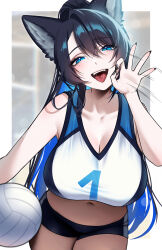 1girl absurdres animal_ears ball bare_shoulders black_hair blue_eyes blush breasts cleavage colored_inner_hair fox_ears fox_girl fox_tail highres large_breasts long_hair looking_at_viewer multicolored_hair navel open_mouth original reiko_(tofuubear) smile solo sportswear tail tofuubear tongue tongue_out volleyball_(object) volleyball_uniform