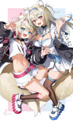 2girls :d animal_collar animal_ear_fluff animal_ears bandaid bandaid_hair_ornament belt bib_collar black_collar black_jacket blonde_hair blue_belt blue_eyes blue_hair blue_hairband breasts brown_socks brown_thighhighs center_frills claw_pose cleavage_cutout clothing_cutout collar collar_chain_(jewelry) commentary_request crop_top cropped_jacket cropped_shirt crossed_bangs dog_ears dog_girl dog_tail double-parted_bangs dress fishnet_kneehighs fishnet_socks fishnet_thighhighs fishnets frilled_shorts frilled_sleeves frills fur-trimmed_jacket fur_trim fuwawa_abyssgard fuwawa_abyssgard_(1st_costume) hair_between_eyes hair_ornament hairband hairclip headphones headphones_around_neck highres hololive hololive_english horn_hairband jacket kito_koruta kneehighs large_breasts long_hair long_sleeves mococo_abyssgard mococo_abyssgard_(1st_costume) multicolored_hair multiple_girls navel open_mouth over-kneehighs pink_belt pink_eyes pink_hairband pink_nails pink_streaks shirt short_dress short_hair short_shorts shorts siblings signature simple_background single_over-kneehigh single_thighhigh sisters smile socks spiked_collar spikes stomach streaked_hair tail thighhighs twins two_side_up virtual_youtuber watermark white_background white_dress white_shirt white_shorts white_sneakers