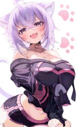 Rule 34 | 1girl, :3, :d, adapted costume, ahoge, animal collar, animal ear fluff, animal ears, black collar, black hoodie, black shorts, blush, breasts, cat ears, cat tail, collar, commentary request, cropped hoodie, crossed bangs, double-parted bangs, fang, hair between eyes, highres, hololive, hood, hoodie, large breasts, long sleeves, looking at viewer, messy hair, midriff, navel, nekomata okayu, nekomata okayu (1st costume), off shoulder, open mouth, purple eyes, purple hair, revision, sho me 1853, short hair, short shorts, shorts, skin fang, smile, solo, tail, virtual youtuber