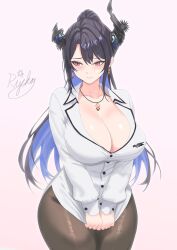 1girl asymmetrical_horns black_hair blue_hair breasts cleavage colored_inner_hair demon_horns flower hair_ornament highres hololive hololive_english horn_flower horns large_breasts long_hair looking_at_viewer mole mole_under_eye multicolored_hair nerissa_ravencroft nerissa_ravencroft_(casual) office_lady official_alternate_costume official_alternate_hairstyle pantyhose red_eyes rijeka1918 shirt solo tassel tassel_hair_ornament two-tone_hair uneven_horns very_long_hair virtual_youtuber white_shirt
