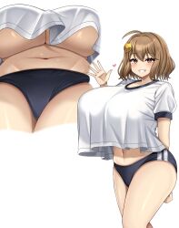 1girl anis_(nikke) blush breasts brown_eyes brown_hair buruma cat_hair_ornament from_below goddess_of_victory:_nikke gym_shirt gym_shorts gym_uniform hair_ornament heart huge_breasts midriff_peek multiple_girls navel shirt shirt_overhang short_hair shorts smile solo standing t-shirt underboob upshirt waving white_background wide_hips zawashi_(zawashio1013)