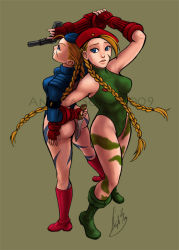 00s 1990s_(style) 2009 2girls angela_song antenna_hair ass back-to-back bare_shoulders beret blonde_hair blue_eyes bodypaint boots braid breasts cammy_white camouflage combat_boots commentary dual_persona fingerless_gloves garrison_cap gloves gun handgun hat knee_boots knife leotard long_hair multiple_girls pistol reverse_grip ribbed_leotard scar shoulder_pads street_fighter street_fighter_zero_(series) suppressor thong_leotard turtleneck twin_braids watermark weapon