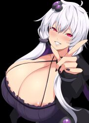 1girl ahoge alternate_eye_color alternate_hair_color areola_slip black_background black_dress black_jacket black_nails breasts clenched_teeth collarbone criss-cross_halter dark_persona dress hair_ornament halterneck headset highres huge_breasts jacket kloah long_hair nail_polish open_clothes open_jacket pink_eyes solo teeth vocaloid voiceroid yuzuki_yukari