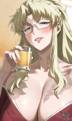 1girl balalaika_(black_lagoon) black_lagoon blonde_hair blue_eyes breasts burn_scar cleavage collarbone highres large_breasts long_hair mole mole_under_eye mukro0922 scar scar_across_eye scar_on_face solo upper_body