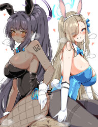 1boy 2girls animal_ears asuna_(blue_archive) asuna_(bunny)_(blue_archive) bar_censor bare_shoulders black_hair black_leotard black_pantyhose blue_archive blue_bow blue_bowtie blue_eyes blue_leotard blush bow bowtie breasts buttjob buttjob_over_clothes censored closed_mouth cooperative_buttjob dark-skinned_female dark_skin detached_collar eyes_visible_through_hair fake_animal_ears fake_tail ffm_threesome fishnet_pantyhose fishnets gloves grin group_sex hair_over_one_eye halo heart hetero high_ponytail highres karin_(blue_archive) karin_(bunny)_(blue_archive) large_breasts leotard light_brown_hair long_hair looking_at_viewer looking_down machismo_fuji multiple_girls pantyhose penis playboy_bunny ponytail pov rabbit_ears rabbit_tail smile tail teamwork_(sexual) threesome very_long_hair white_background white_gloves yellow_eyes