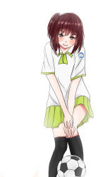 Rule 34 | ball, black thighhighs, blush, brown eyes, brown hair, green skirt, highres, original, school uniform, shisarou, short hair, skirt, soccer ball, thighhighs, vietnam, vietnamese high school uniform, white background