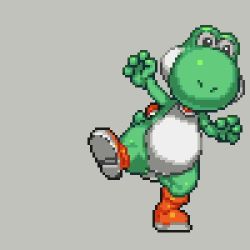 1boy animated arm_up black_eyes boots colored_skin dancing full_body green_skin grey_background hand_up jumping lowres male_focus mario_(series) multicolored_skin nintendo open_mouth outstretched_arm oyama_yoihaya red_boots simple_background solo spread_legs standing standing_on_one_leg tail two-tone_skin video white_skin yoshi