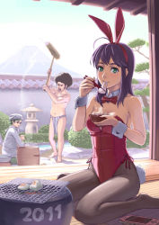 10s 1girl 2011 afro ahoge animal_ears bare_shoulders barefoot bow bowtie cooking eating fake_animal_ears food fundoshi garden glasses green_eyes handheld_game_console hatsuyume japanese_clothes kine long_hair mallet mochi mochitsuki mount_fuji mountain nail_polish navel new_year open_mouth original pantyhose playboy_bunny playstation_portable purple_hair rabbit_ears rabbit_tail sitting steam stone_lantern sweatdrop tail tan_taka wagashi wall wariza wrist_cuffs