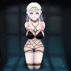 1girl bare_shoulders bdsm black_background black_panties blue_eyes blush bondage bound breasts brown_rope cleavage collarbone covered_mouth dankestofdans edelgard_von_hresvelg eyeliner female_focus fire_emblem fire_emblem:_three_houses gag gagged green_background hair_ornament hair_ribbon highres improvised_gag intelligent_systems kneeling large_breasts long_hair makeup navel nintendo panties purple_ribbon red_trim ribbon rope shiny_clothes shiny_skin sideboob solo tape tape_gag tape_on_mouth thick_thighs thighs underwear underwear_only white_hair