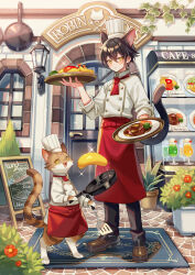 1boy absurdres animal_ears apron black_hair black_pants brown_footwear cat cat_boy cat_ears cat_tail chalkboard_sign chef chef_hat cup display drink drinking_glass food frying_pan hamburger_steak hat highres holding holding_spatula holding_tray ice_cream ice_cream_cone ice_cream_float jacket lamp loafers male_focus meat melon_soda omelet omurice original outdoors pants red_apron restaurant shoes shrimp shrimp_tempura slit_pupils spatula storefront suzaku_(zaku6584) tail tempura tray white_jacket yellow_eyes