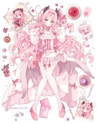 Rule 34 | 1girl, absurdres, blush, book, borrowed character, breasts, brown horns, center frills, chibi, cleavage, closed mouth, commentary, cup, dress, flower, food, fork, frilled dress, frills, fruit, full body, highres, horns, leaf, long hair, long sleeves, looking at viewer, macaron, medium breasts, original, pill, pink eyes, pink flower, pink hair, pink rose, red shoes, rose, shoes, simple background, standing, strawberry, thighhighs, tsukiyo (skymint), very long hair, white background, white dress, white thighhighs