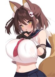 1girl animal_ears black_gloves blue_archive blue_skirt blush braid breasts brown_hair covered_erect_nipples extra_ears fox_ears fox_girl fox_hair_ornament fox_tail gloves highres izuna_(blue_archive) large_breasts looking_at_viewer medium_hair midriff muku_(muku-coffee) navel open_mouth partially_fingerless_gloves shirt simple_background skirt sleeveless sleeveless_shirt solo tail upper_body white_background white_shirt yellow_eyes