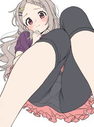 1girl aoba_kokona ass blush braid brown_hair capri_pants closed_mouth feet_out_of_frame flat_color forehead foreshortening from_below frown furrowed_brow hair_ornament hairclip highres knees_together_feet_apart long_hair looking_at_viewer okacchi panties pants red_eyes simple_background single_braid solo split_mouth tareme underwear upskirt wavy_mouth white_background yama_no_susume