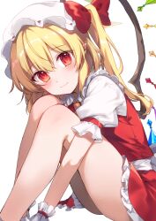 Rule 34 | 1girl, ascot, blonde hair, blush, chisiro unya (unya draw), closed mouth, commentary, crystal wings, feet out of frame, flandre day, flandre scarlet, hair between eyes, hands out of frame, hat, knees up, legs, looking at viewer, medium hair, mob cap, pointy ears, puffy short sleeves, puffy sleeves, red eyes, red ribbon, red skirt, red vest, ribbon, short sleeves, side ponytail, simple background, sitting, skirt, smile, solo, thighs, touhou, vest, white background, white hat, wings, yellow ascot