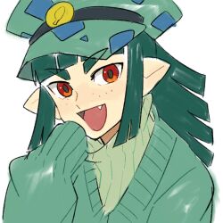 Rule 34 | 1girl, commentary, fang, freckles, gen 1 pokemon, green hair, green hat, hat, highres, ivysaur, long sleeves, looking at viewer, nintendo, open mouth, orange eyes, personification, pointy ears, pokemon, ribbed sweater, simple background, sleeves past fingers, sleeves past wrists, solo, sweater, turtleneck, upper body, white background, yasaikakiage