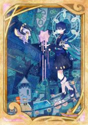 1boy anemo_symbol_(genshin_impact) armor belt black_belt black_bodysuit black_bow black_bridal_gauntlets black_eyes black_hair black_sandals black_shorts blue_gemstone blue_halo blue_kimono blue_sleeves blunt_ends bodysuit border bow bridal_gauntlets bright_pupils building closed_mouth covered_collarbone dragon feathers floating furisode gem genshin_impact gold_border hakama hakama_shorts halo halo_behind_head han&#039;eri hands_up highres japanese_armor japanese_clothes kimono kote kurokote layered_kimono layered_sleeves leg_warmers leggings levitation magic_circle male_focus mandarin_collar mini_durin_(genshin_impact) non-humanoid_robot open_clothes open_hands open_kimono ornate_border paper_boat pinwheel pleated_shorts pom_pom_(clothes) purple_rope purple_sash ringed_eyes robot robot_dragon rope sandals sash scaramouche_(genshin_impact) short_sleeves shorts small_dragon smile split_mouth star_(symbol) stirrup_legwear tassel toeless_legwear toes toy train tukineko222 upside-down_building vision_(genshin_impact) wanderer_(genshin_impact) white_kimono white_leg_warmers white_pupils white_sleeves winding_key yellow_feathers zouri