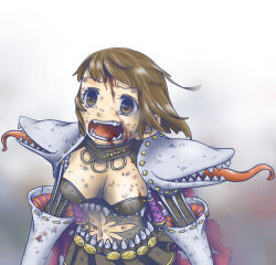 1girl armor blood blood_on_face breasts brown_dress brown_eyes brown_hair cleavage cleavage_cutout clothing_cutout commentary_request crying crying_with_eyes_open dress genetic_(ragnarok_online) medium_breasts open_mouth pauldrons ragnarok_online short_hair shoulder_armor solo sorainu_c tears teeth tongue upper_body vambraces