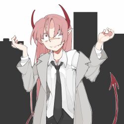 black_necktie black_pants bolos building demon_horns demon_tail formal_clothes grey_jacket horns jacket long_hair necktie original pants pink_hair pointy_ears red_eyes sharp_teeth shirt suit suit_jacket tail teeth white_shirt