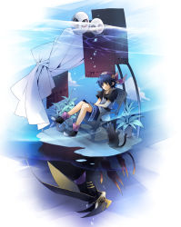 1boy bandana blue_hair cat chair chrono_(series) chrono_cross curtains closed_eyes gerunosuke lynx serge_(chrono_cross) shadow short_hair sitting vest