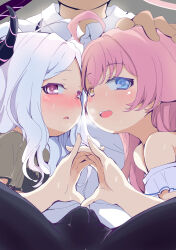 1boy 2girls ahoge black_halo blue_archive blush demon_girl demon_horns halo heterochromia highres hina_(blue_archive) horns hoshino_(blue_archive) loli long_hair looking_at_viewer multiple_girls off_shoulder open_mouth pink_hair pink_halo purple_eyes sensei_(blue_archive) shi_ecchi shirt white_hair white_shirt