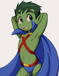 1boy armpits arms_behind_head arms_up beast_boy_(dc) blue_cape blue_male_underwear cape colored_skin cosplay dandi dc_comics fang green_eyes green_hair green_skin male_focus male_underwear martian_manhunter martian_manhunter_(cosplay) open_mouth pointy_ears shota teen_titans teen_titans_(tv_series) underwear white_background