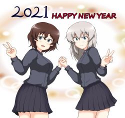 2021 2girls akaboshi_koume black_skirt blue_eyes brown_hair closed_mouth commentary_request dress_shirt english_text gam girls_und_panzer grey_shirt happy_new_year holding_hands interlocked_fingers itsumi_erika kuromorimine_school_uniform long_sleeves looking_at_viewer medium_hair miniskirt multiple_girls new_year open_mouth partial_commentary pleated_skirt school_uniform shirt short_hair silver_hair skirt smile standing symmetrical_hand_pose v wavy_hair