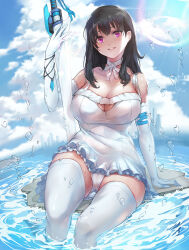 1girl arm_support bare_shoulders black_hair blue_sky breasts choker cleavage cloud commentary_request dress elbow_gloves gem gloves highres holding holding_sword holding_weapon large_breasts lens_flare long_hair looking_at_viewer ocean original outdoors panties parted_lips purple_eyes sky soaking_feet solo sword thighhighs underwear water_drop weapon white_choker white_dress white_panties white_thighhighs wookyung