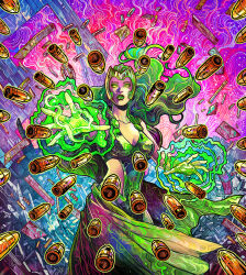 Rule 34 | 1girl, abstract background, bodysuit, breasts, bullet, cape, colorful background, dynamic pose, glint, glowing, glowing eyes, green bodysuit, green cape, green eyes, green hair, green hat, green headband, green lips, green shirt, hat, headband, headpiece, helmet, leotard, lorna dane, magic, magnetism, marvel, marvel snap, official art, pantyhose, shirt, solo, solo focus, spandex, superhero costume, vinartwork, x-men
