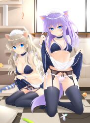 Rule 34 | 2girls, :/, :3, alternate costume, alternate hairstyle, animal ear fluff, animal ears, apron, back bow, bare shoulders, bikini, black bikini, black choker, black skirt, black thighhighs, blue bikini, blue eyes, blunt ends, blush, bow, breasts, butterfly ornament, cameltoe, cat ears, cat girl, cat tail, cat teaser, charlotte (anime), choker, cleavage, closed mouth, clothes lift, collarbone, commission, company connection, couch, crossover, embarrassed, enmaided, eyes visible through hair, fingernails, frilled apron, frilled choker, frilled wrist cuffs, frills, frown, full body, garter belt, garter straps, gluteal fold, hair between eyes, half updo, hands up, highres, indoors, kemonomimi mode, key (company), kneeling, leaning forward, lifting own clothes, long hair, maid, maid apron, maid bikini, maid headdress, medium breasts, multicolored bikini, multiple girls, no shoes, on floor, otou (otou san), presenting, purple tail, ringed eyes, seductive smile, side-tie bikini bottom, sidelocks, sitting, skeb commission, skirt, skirt lift, smile, sorakado ai, striped bikini, striped clothes, summer pockets, swimsuit, tail, thighhighs, thighs, tile floor, tiles, tomori nao, two-tone bikini, two side up, unconventional maid, underboob, v-shaped eyebrows, variant set, wariza, white apron, white bow, window, wrist cuffs