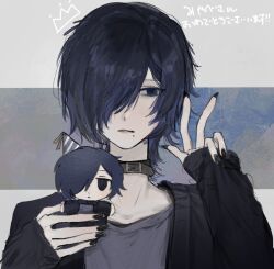 1boy androgynous bent_w black_collar black_jacket black_nails blue_background blue_eyes blue_hair character_doll collar commentary_request doll drawn_crown empty_eyes grey_shirt hair_over_one_eye half-closed_eyes hands_up happy_birthday holding holding_doll jacket letterboxed long_neck long_sleeves looking_at_viewer male_focus medium_hair miurayukihito nail_polish one_eye_covered open_clothes open_jacket original outside_border portrait shirt sleeves_past_wrists solo straight-on translation_request w