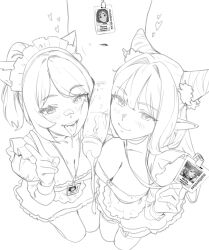 1boy 2girls animal_ears ascari_megane_(aurahack) bandaid bandaid_on_face bandaid_on_nose breasts cat_ears cleavage closed_mouth cum cum_string dress erection ffm_threesome greyscale group_sex hand_up heart hetero highres holding_id_card juliet_sleeves large_breasts long_hair long_sleeves looking_at_viewer maid maid_headdress mole mole_under_eye monochrome multiple_girls open_mouth original penis penis_on_face pointy_ears puffy_sleeves smile thernz threesome tongue tongue_out uncensored