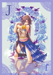 00s 1girl alternate_hairstyle black_shorts blue_eyes breasts brown_hair female_focus final_fantasy final_fantasy_x final_fantasy_x-2 green_eyes hair_ornament heterochromia holixholi jewelry long_hair shorts solo yuna yuna_(ff10)