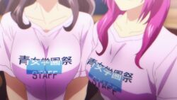 1girl animated anime_screenshot breast_focus breasts brown_hair busujima_sakurako collarbone grand_blue head_out_of_frame highres large_breasts long_hair out_of_frame pink_hair shirt sound tagme video