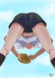 1girl akashieru alternate_costume baseball_glove black_shorts black_socks blue_sky cloud feet_out_of_frame from_below gym_shirt highres kantai_collection leaning_forward natsugumo_(kancolle) one-hour_drawing_challenge shirt short_hair shorts sky socks solo t-shirt white_hair white_shirt