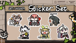 &gt;_&lt; 6+girls absolute_cinema_(meme) ahoge aqua_eyes black_gloves black_hair black_horns blonde_hair brown_hair carlotta_(wuthering_waves) changli_(wuthering_waves) colored_extremities commentary crying cup curled_horns disposable_cup dress drinking_straw drinking_straw_in_mouth english_commentary english_text female_rover_(wuthering_waves) fingerless_gloves gloves green_dress hair_ribbon hands_up highres holding holding_cup horns jacket logo looking_at_viewer lumi_(wuthering_waves) meme multicolored_eyes multiple_girls official_art one_eye_closed open_mouth parted_bangs pink_eyes pink_hair pink_jacket red_hands ribbon rover_(wuthering_waves) seseren smile thumbs_up two-tone_eyes verina_(wuthering_waves) white_gloves white_hair wuthering_waves yellow_eyes yellow_ribbon zani_(wuthering_waves)