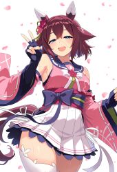 1girl :d absurdres animal_ears black_gloves blue_eyes brown_hair commentary_request detached_sleeves ear_covers fingerless_gloves gloves highres horse_ears horse_tail looking_at_viewer open_mouth petals pink_sleeves reibun_(raven1119) sakura_chiyono_o_(umamusume) short_hair skirt smile solo tail thighhighs thighs umamusume v white_skirt white_thighhighs wide_sleeves zettai_ryouiki