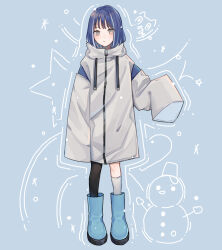 1girl black_thighhighs blue_background blue_boots blue_hair boots commentary_request grey_hair grey_jacket highres jacket long_sleeves looking_at_viewer medium_hair multicolored_hair open_clothes open_jacket original single_sock single_thighhigh sleeves_past_fingers sleeves_past_wrists snowman socks solo star_(symbol) streaked_hair thighhighs white_hair white_socks yoruse