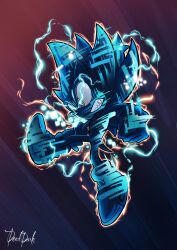 1boy animal_ears animal_nose artist_name aura blue_background blue_eyes clenched_teeth commentary deaddark_xxiii electricity energy english_commentary full_body furry furry_male gloves gradient_background highres male_focus purple_background red_background ringed_eyes sharp_teeth shoes signature simple_background solo sonic_(series) sonic_frontiers sonic_the_hedgehog spoilers super_sonic super_sonic_cyber teeth v-shaped_eyebrows