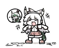 &gt;_&lt; aged_down bow child concha_(mamecha) ex-keine fake_horns fake_tail fujiwara_no_mokou green_hair hair_bow highres horn_bow horn_ornament horns image_in_speech_bubble kamishirasawa_keine long_hair paper red_bow red_eyes red_shorts scissors shirt short_sleeves shorts suspenders tail tape touhou very_long_hair white_hair white_shirt