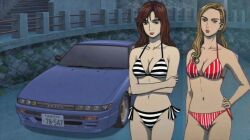 Rule 34 | 2girls, arm behind head, arm up, armpits, bad anatomy, bikini, black bikini, black eyes, breasts, cleavage, copyright name, cowboy shot, day, forest, grey hair, highleg, highleg bikini, initial d, jewelry, lips, lipstick, long hair, looking at viewer, makeup, medium breasts, multiple girls, nature, navel, necklace, nissan, nissan sileighty, outdoors, parted bangs, red bikini, red lips, satou mako, sayuki, sayuki (initial d), sil-eighty, smile, striped bikini, striped clothes, swimsuit, vehicle focus, vertical-striped bikini, vertical-striped clothes, white bikini