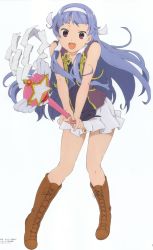 00s 1girl absurdres blue_hair blunt_bangs boots female_focus hairband highres kannagi legs long_hair nagi official_art open_mouth pleated_skirt purple_eyes red_eyes skirt solo wand white_skirt