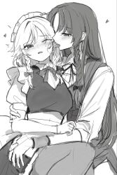 2girls apron blush bow bowtie braid collared_shirt dress ear_licking greyscale hand_on_another&#039;s_arm heart highres hong_meiling izayoi_sakuya licking long_sleeves long_tongue maid maid_headdress monochrome multiple_girls one_eye_closed pantyhose parted_lips sarukana shirt short_sleeves tongue tongue_out touhou twin_braids waist_apron yuri