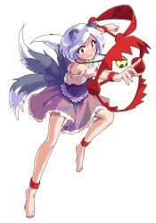1girl animal_ears anklet barefoot bear_trap blush commentary_request dairi dog_ears dog_tail foot_up frilled_skirt frills from_side full_body grey_hair jewelry large_variant_set looking_ahead mitsugashira_enoko multicolored_hair multiple_tails open_mouth outstretched_arm outstretched_hand pink_skirt purple_hair purple_shirt reaching red_eyes shirt short_hair skirt solo streaked_hair tachi-e tail tearing_up touhou transparent_background variant_set