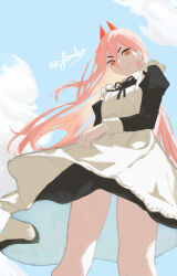 1girl absurdres alternate_costume apron black_dress blue_sky chainsaw_man cloud cloudy_sky day demon_girl demon_horns dress enmaided from_below grin highres horns joadv long_hair maid maid_apron orange_eyes outdoors pink_hair power_(chainsaw_man) sky smile solo teeth white_apron