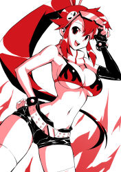 1girl adjusting_eyewear bikini bikini_top_only breasts commentary cowboy_shot elbow_gloves english_commentary fingerless_gloves flame_print gloves hair_ornament hand_on_own_hip highres julianvanist large_breasts long_hair looking_at_viewer monochrome navel open_mouth ponytail red_hair red_thighhighs scarf short_shorts shorts sidelocks single_elbow_glove single_fingerless_glove skull_hair_ornament smile solo swimsuit teeth tengen_toppa_gurren_lagann thighhighs underboob upper_teeth_only white_background yoko_littner