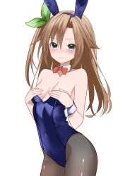 Rule 34 | 1girl, absurdres, animal ears, black pantyhose, bow, bowtie, breasts, brown hair, commentary, covered navel, english commentary, fake animal ears, green eyes, hands on own chest, highres, if (neptunia), leotard, long hair, looking at viewer, neptune (series), one side up, pantyhose, playboy bunny, rabbit ears, red bow, red bowtie, simple background, small breasts, solo, strapless, strapless leotard, white background, xueli shimazaki
