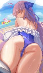 0nineo9 2girls absurdres ass bare_shoulders beach blue_eyes blue_one-piece_swimsuit blue_ribbon blue_sky blush breasts cameltoe cleavage fate/grand_order fate_(series) highleg highleg_one-piece_swimsuit highres long_hair looking_at_viewer looking_back meltryllis meltryllis_(fate) meltryllis_(swimsuit_lancer)_(fate) meltryllis_(swimsuit_lancer)_(second_ascension)_(fate) multiple_girls one-piece_swimsuit passionlip_(celeb_summer_experience_swimsuit)_(fate) passionlip_(fate) prosthesis prosthetic_leg purple_hair ribbon shore sky swimsuit very_long_hair