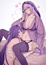 2boys acheron_(honkai:_star_rail) aroused bite_mark bite_mark_on_neck black_swan_(honkai:_star_rail) bra breasts chest_sarashi crotchless crotchless_panties female_pubic_hair foreplay garter_straps heart hickey highres holding_hands honkai:_star_rail honkai_(series) ikarin large_breasts licking licking_stomach long_hair looking_at_another multiple_boys nightgown panties pubic_hair pubic_hair_peek purple_hair purple_veil sarashi thighhighs underwear veil very_long_hair wrist_wrap yuri