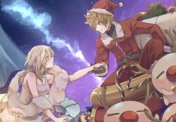 1boy 1girl balcony black_sweater blonde_hair blue_eyes blush breasts brown_gloves closed_mouth dress fur-trimmed_jacket fur_scarf fur_trim gloves hair_between_eyes hat holding_hands jacket kingdom_hearts kingdom_hearts_ii long_sleeves medium_breasts medium_hair moogle namine night night_sky pants red_headwear red_jacket red_pants roxas santa_hat short_hair sky sleeveless sleeveless_dress sleigh smile sweater turtleneck twitter_username upper_body white_dress wia_vi